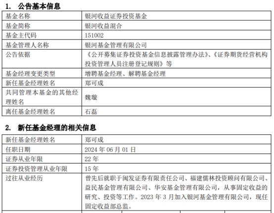 银河收益混合增聘基金经理郑可成 石磊离任